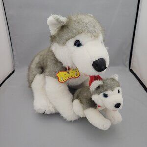 Build A Bear 16" Husky Mama Dog & Pup Puppy Baby Plush Gray White Magnetic Mouth